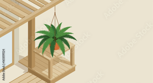 Potted plant hangs under pergola on deck. Solid background for overlay