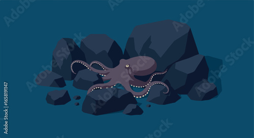 Octopus crawling among rocks at sea bottom. Dark background. Ocean life illustration
