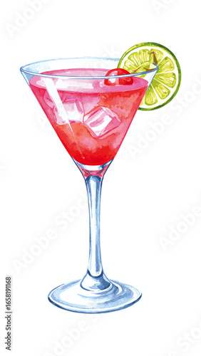 Watercolor Illustration of Cosmopolitan Martini Glass – Cocktail Art Print
