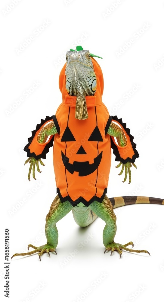 Fototapeta premium iguana dressed as a pumpkin jack-o-lantern Halloween costume, celebration