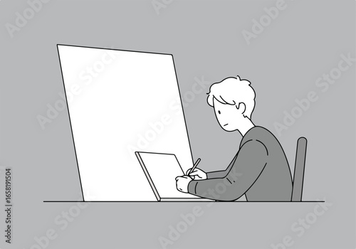 Person writes by an easel on a desk in a grey room, used for art or creativity