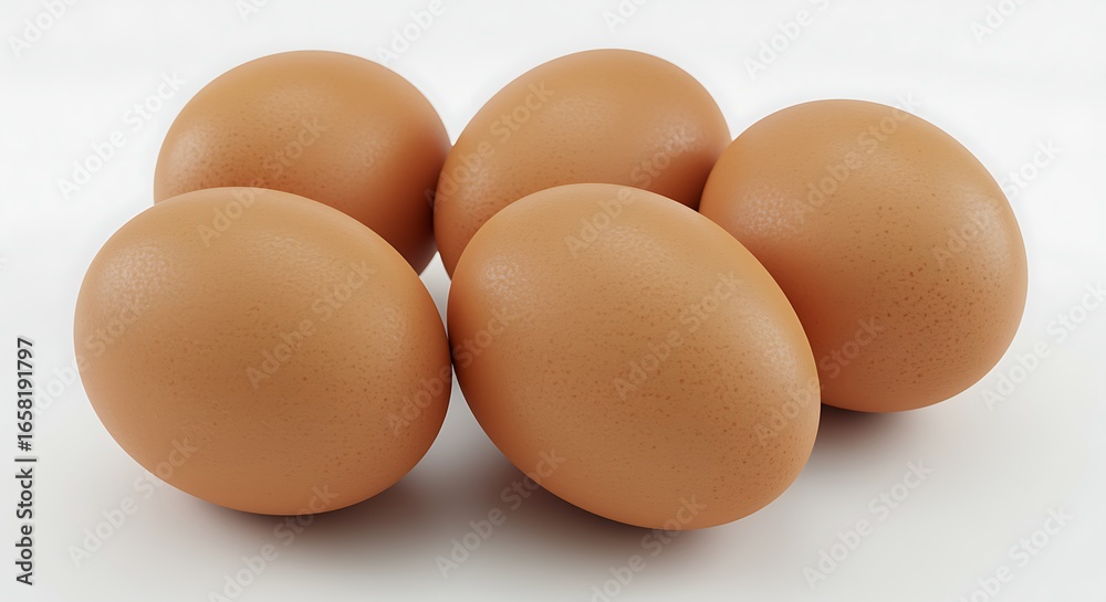 Five Brown Chicken Eggs Arranged on a White Background food Five Brown Chicken Eggs Arranged on a White Background food