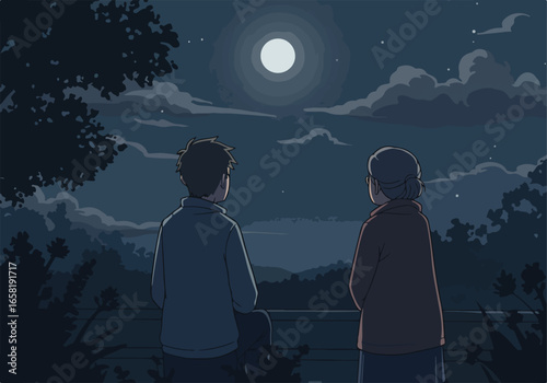 Two people stargaze at night, nature background with visible moon and clouds, art use