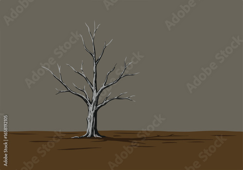 Lone, bare tree stands out in a field, under a dreary sky, as a sad metaphor