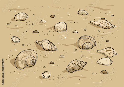 Various shells scattered on sandy beach, with pebbles in background; used in kids' books