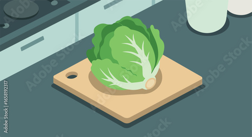 Cabbage on board. Counter prep near stove for vegan food. Healthy recipe use
