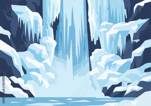 Frozen waterfall with icicles in rocky landscape. Background water flowing. Scenery