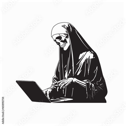 Vector illustration of a skeleton nun working on a laptop