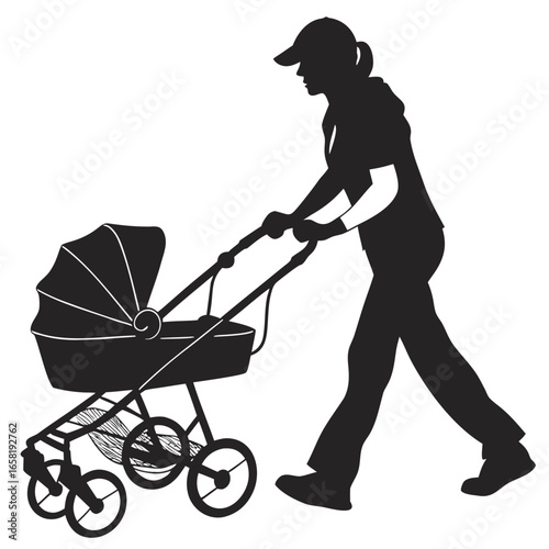 Silhouette of Mother Pushing a Baby Stroller
