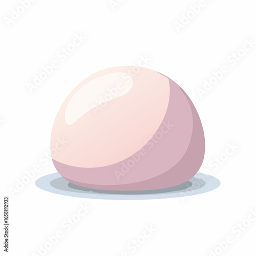 A single, smooth, pinkish-white mochi ball sits on a pale blue surface, casting a subtle shadow.