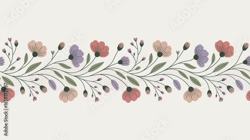 Floral border design featuring stylized flowers and leaves in pastel colors on a light background