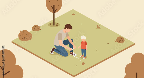 Dad tying shoelaces of child in park, helping, parenting, family time. vector art
