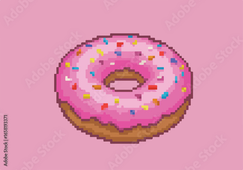 Pixel art style pink donut with sprinkles on solid pink background for websites