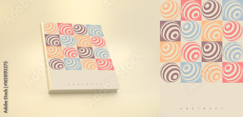 Realistic hardcover book mockup. Cover design template. Sphere. Geometric striped round shape. Optical art composition. Vector illustration for brochure, planner, notebook, notepad, diary or notepad.