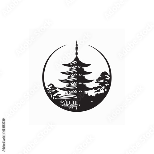 Traditional Pagoda Silhouette Inside a Circle Frame with Asian Architectural Design Style