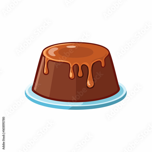 Cartoon illustration of a chocolate fondant dessert with caramel sauce dripping down, sitting on a blue plate.