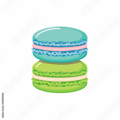 Two macarons stacked on top of each other, one turquoise with pink filling and one green with white filling.