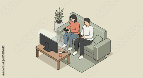 Couple plays a game in the living room with a plant and a TV on the table