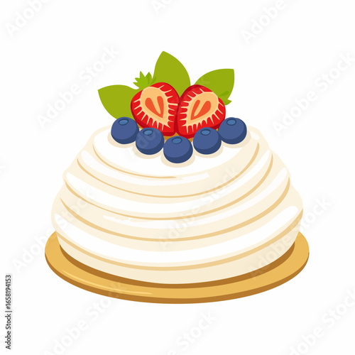 A delectable pavlova dessert, adorned with fresh strawberries and blueberries.