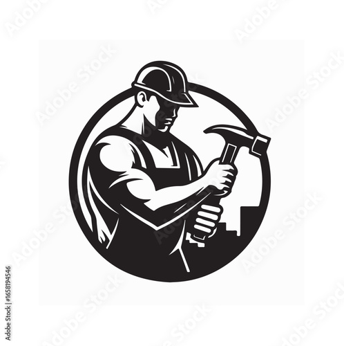 Construction Worker Vector Logo Design Holding Hammer for Building and Repair Services