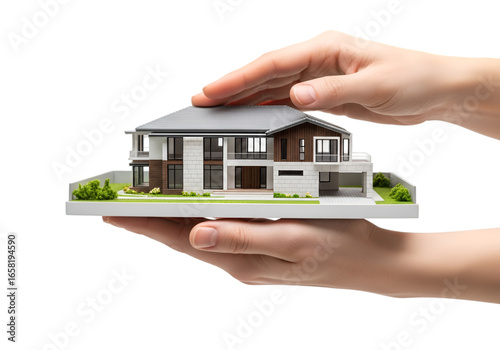 Real estate agent hands presenting modern house model, property investment marketing concept, home buying selling process, isolated on white background PNG, 3D rendering architecture scale model. 