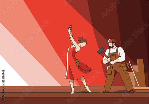 Cartoon Dancer dances as Builder fixes flooring. Red graphic backdrop. Concepts