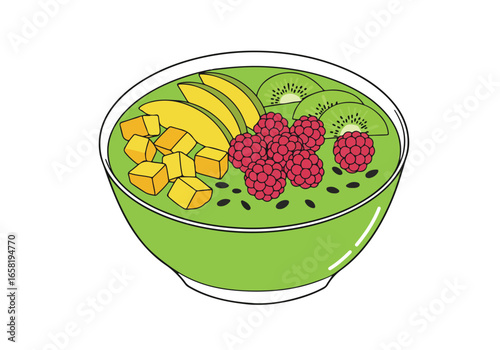 A smoothie bowl, topped with sliced fruit in a bowl, on a plain background