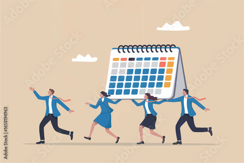Team of business professionals struggling to manage a large calendar and meet deadlines with urgency and teamwork