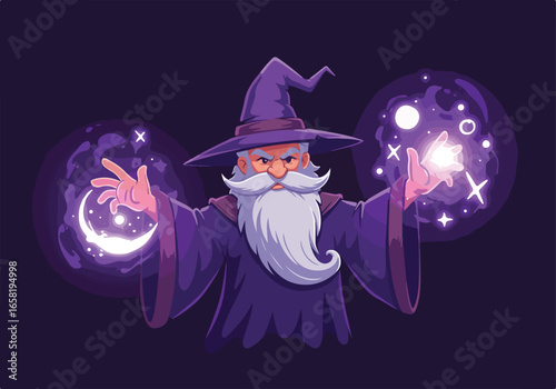 Illustration of a wizard casting spells with galaxy background for fantasy use