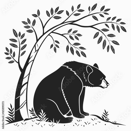 Bear Sitting Under A Tree Illustration