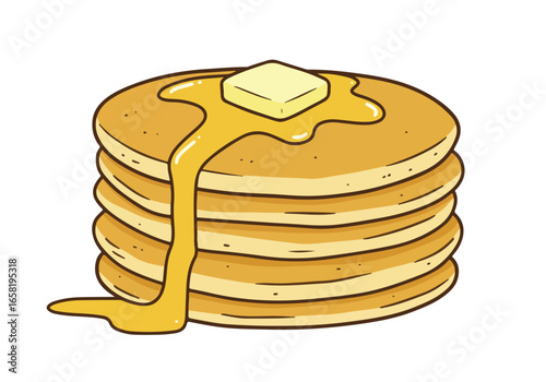 Stacked pancakes with butter and dripping syrup on white background for food blog use