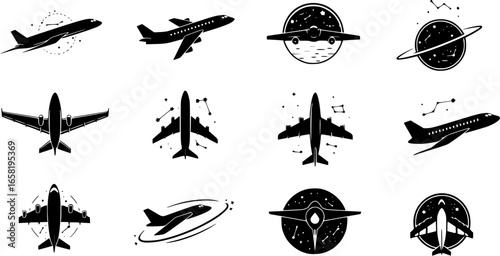 Bold Black Airplane Logo in Space Theme.
