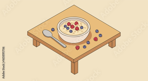 Cereal topped with berries on a square table in a room as wallpaper background