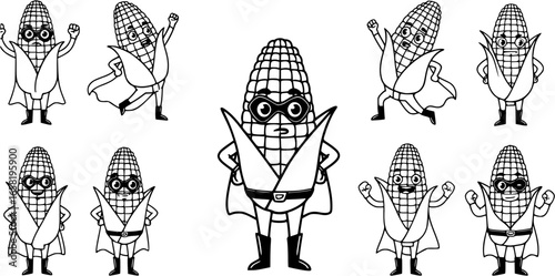 Cartoon Corn Superhero with Cape and Boots Black and White Logo.
