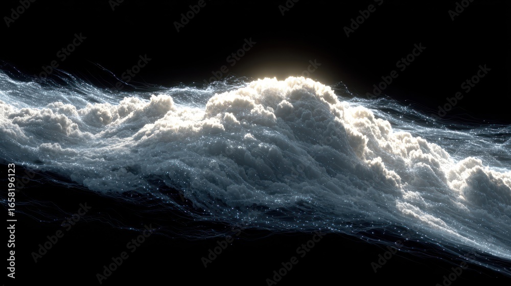 Fototapeta premium Flowing, ethereal cloud of particles illuminated against a dark, contrasting background