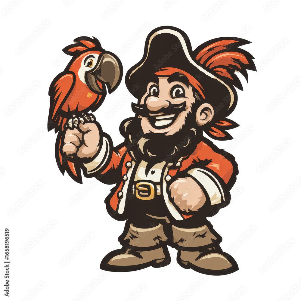 Fototapeta premium Cheerful cartoon pirate with black beard and red coat holding a parrot on his hand