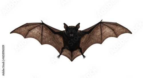 Black bat with outstretched wings in flight against white background  