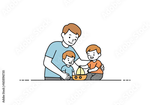 Dad and sons happily play with a toy boat on a white surface in the background