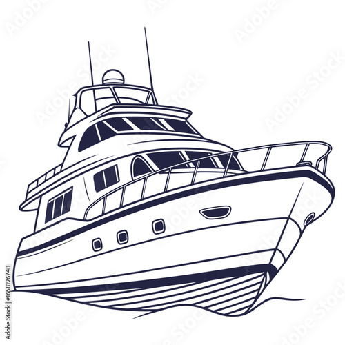 Elegant luxury motor yacht sailing on the ocean waves, line art vector illustration