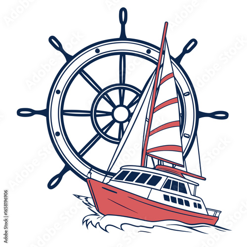 Sailing Yacht with Ship's Wheel Nautical Illustration