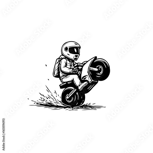 Cartoon motorcyclist performing wheelie stunt with splash, black and white vector image illustration isolated