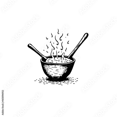 Hand drawn steaming bowl with two spoons offers a comforting and delicious culinary experience art