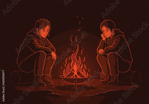 Couple sitting, thinking by campfire in woods. Solitude, outdoor adventure concept