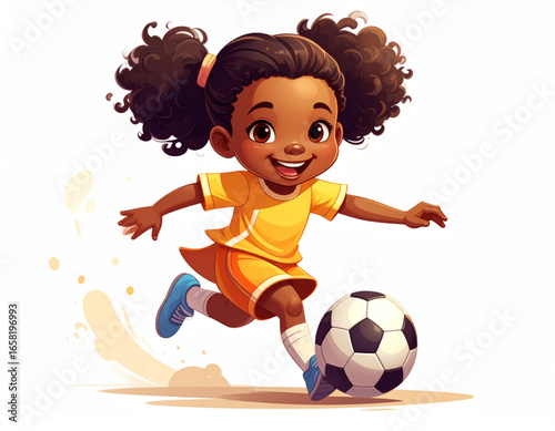 Cartoon girl playing soccer with a happy expression, fun kids activity illustration 
