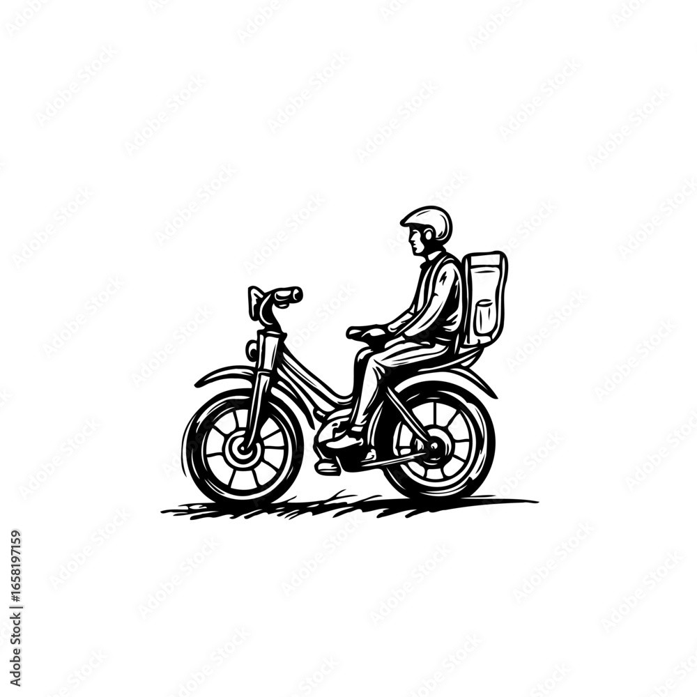 Obraz premium Monochrome illustration of a delivery person riding a moped showcasing efficient urban delivery services emphasizing speed and convenience