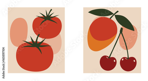 Vibrant still life illustration featuring tomatoes and cherries in a minimalist style