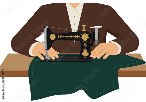 Seamster using vintage machine stitching textile on table, isolated art