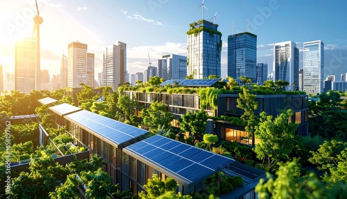 Sustainable urban landscape with green roofs and solar panels