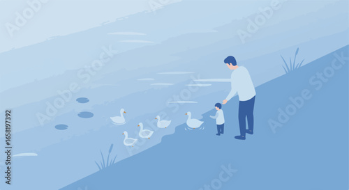 Parent and child feed ducks at a pond with plants in the background