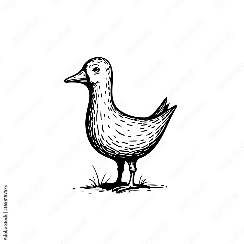 Fototapeta premium Hand-drawn illustration of a mallard duck standing on grass creating a vintage aesthetic style